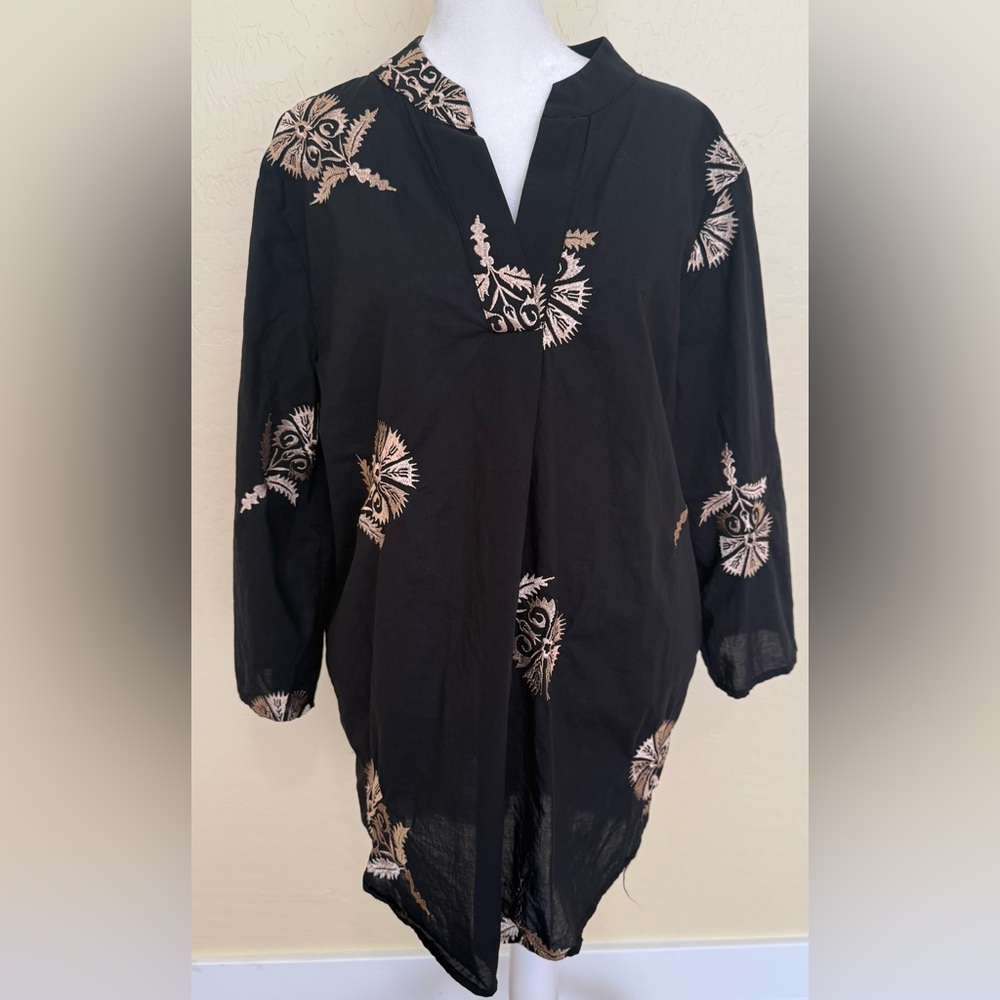 DESIREE Greece Gold Embroidered Tunic Top Blouse SZ M Oversize Resortwear Vacay
